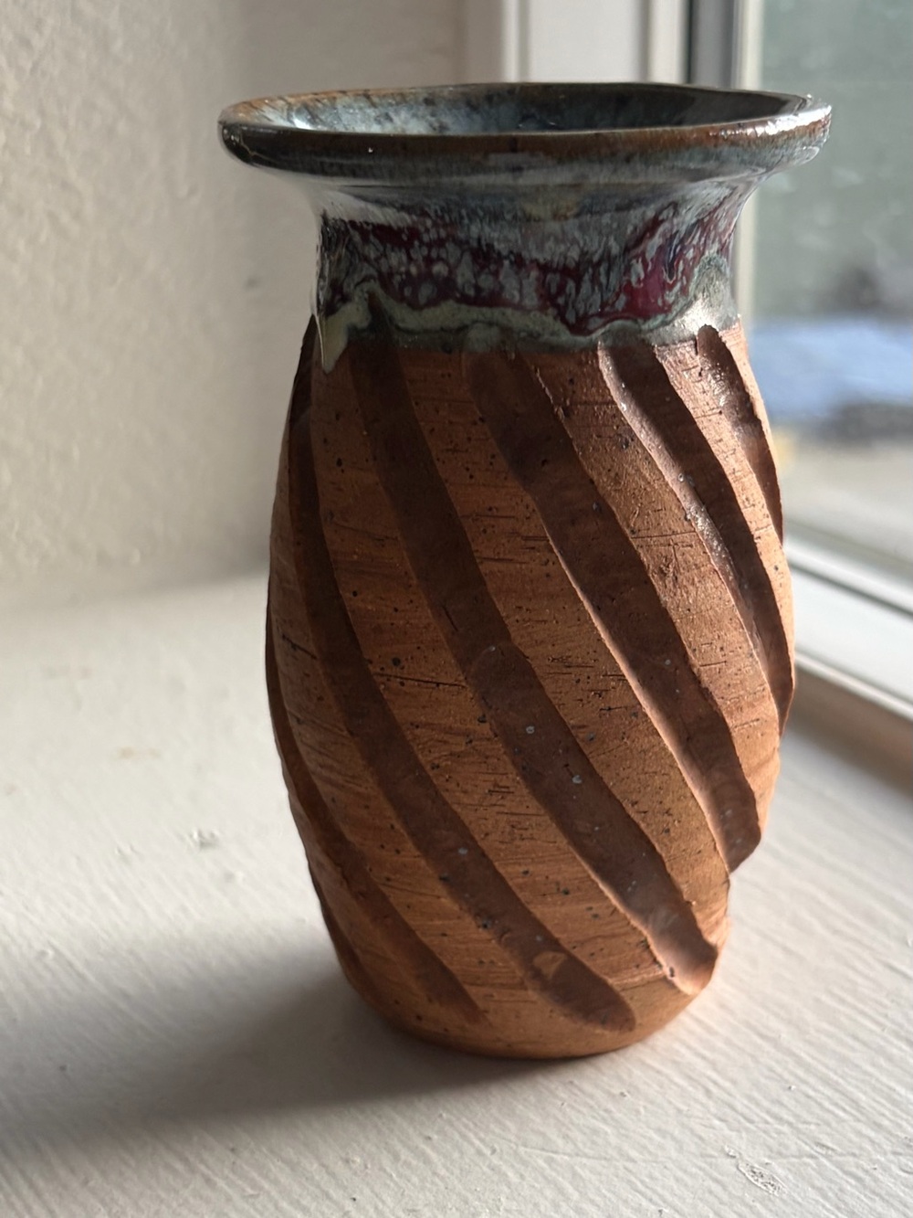 Handcrafted Studio 4.5” Pottery Bud Vase Carved Spiral Pattern Drip Glaze Rim
